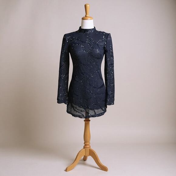 Anthropologie Maeve Mini Dress Sz XS Long Sleeve Mock Neck Sequins Open Back NEW - Picture 1 of 15